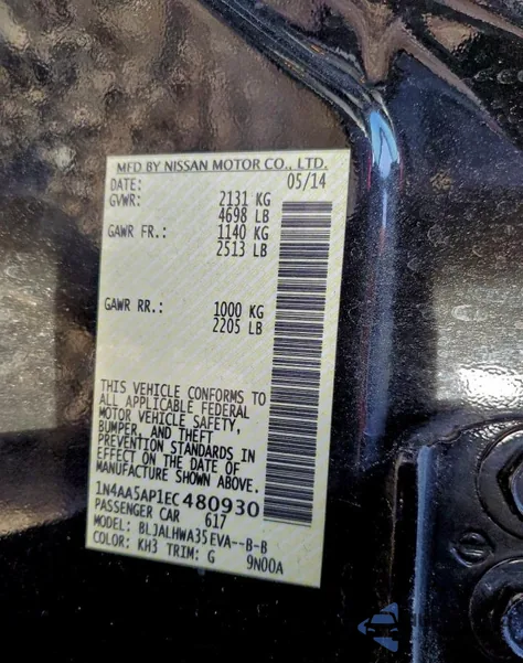 2014 Nissan Maxima S from USA, damaged, VIN 1N4AA5AP1EC480930